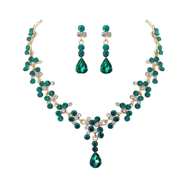 Miangastore 1 Ensemble Collier et Boucles d'Oreilles à la Mode Ensemble de Bijoux en Strass pour Mariée Accessoires de Robe de Mariée pour Femmes (Vert)