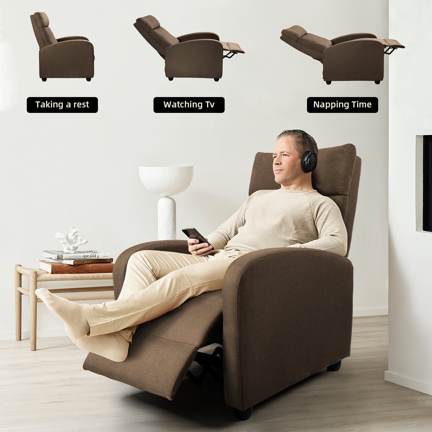 Vineego Home Theater Recliner with Padded Seat and Backrest, Brown Fabric
