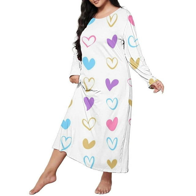 Jindong Robes de Nuit pour Femmes Grande Taille Robe de Sommeil Décontractée pour Femmes Grande Taille Imprimé Cœur Manches Longues Col Rond Extensibilité Moyenne Nuisette Ample Robe de Nuit pour Femmes
