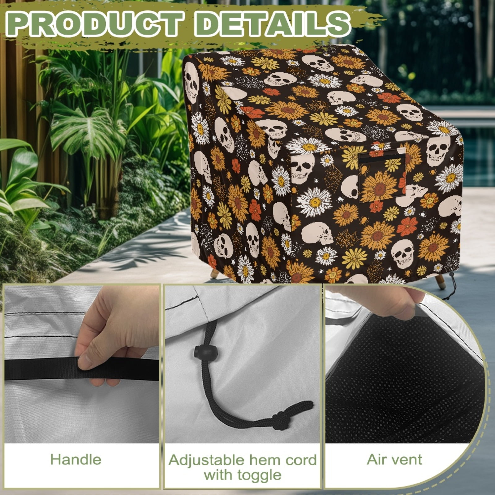 Renewold Patio Chair Covers Waterproof Dust Proof Stackable Patio Chair Covers Outdoor Lawn Patio Furniture Protection Halloween Decor, 38"W x 38"D x 36"H, Skull Sunflower Daisy Spider Web Print