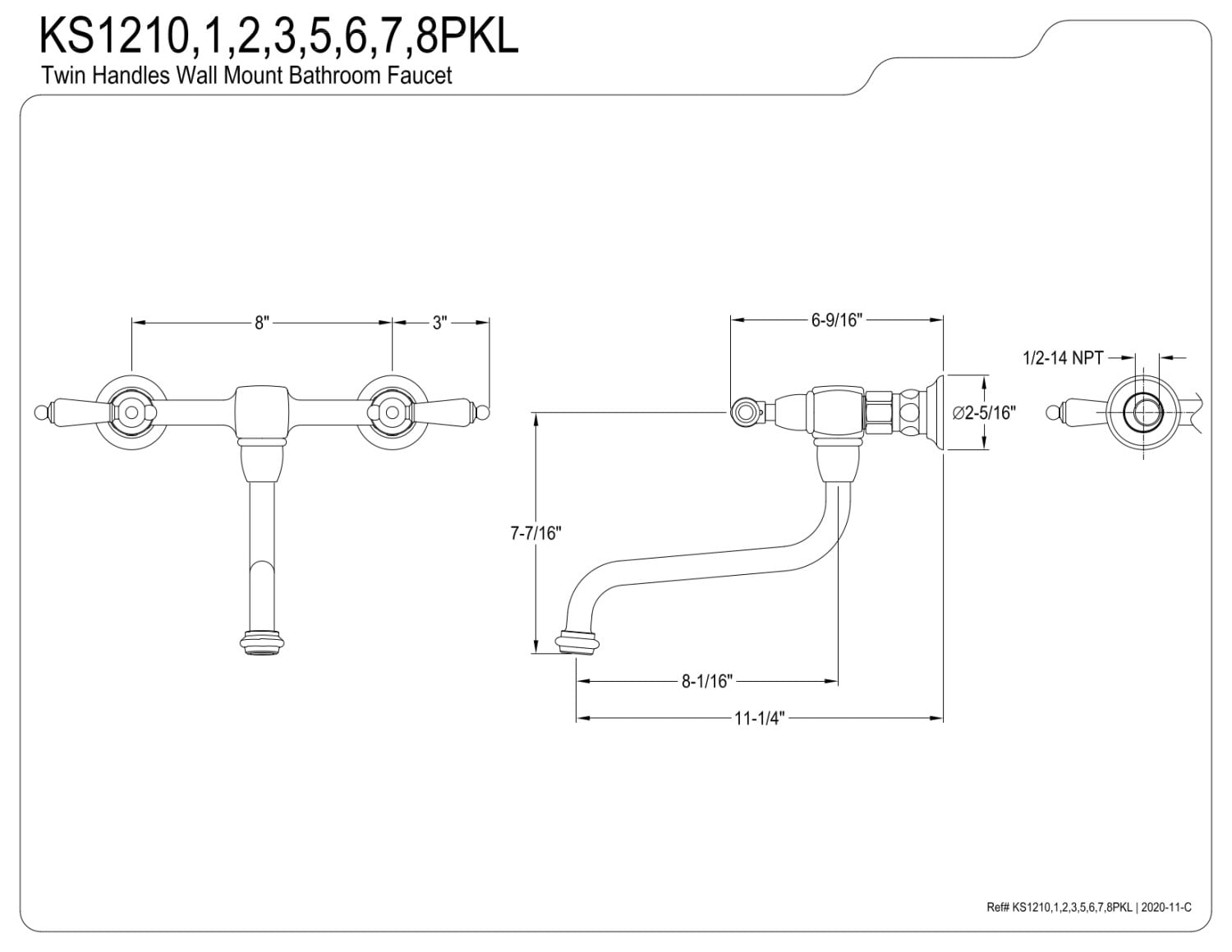 Kingston Brass KS1215PKL Wall Mount 8" Center Vessel Sink Faucet, ORB
