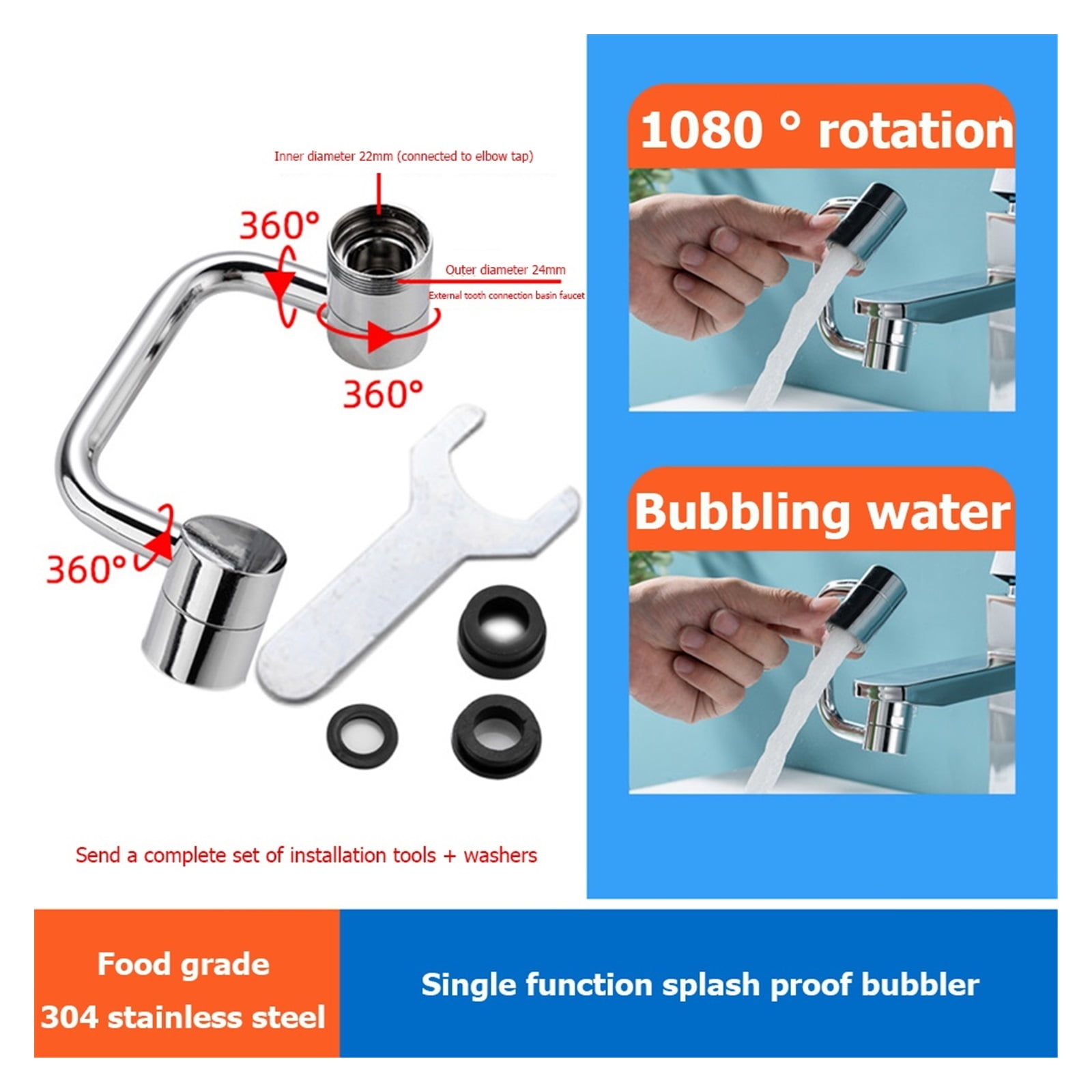 Universal 1080° Rotation Extender Faucet Aerator Plastic Splash Filter Kitchen Washbasin Faucets Bubbler Nozzle Robotic Arm ,Water Saving