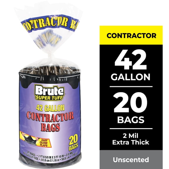 Brute Super Tuff® Contractor Bags, 42 Gallon, 20 Bags (Flap Tie)