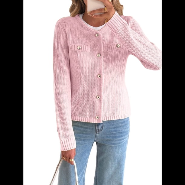 Suéteres Tipo Cárdigan de Punto para Mujer, de Principios de Otoño, de Larga, con Abertura Frontal y Botones, Chaqueta Corta Informal de Moda. Rosa L
