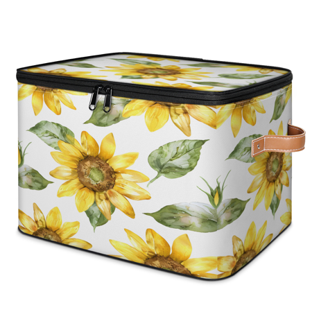 CURLYOOT Sunflower Fabric Storage Bins with Lids Spring Floral Foldable Storage Boxes Washable Storage Cube Closet Bedroom Home Organizer Containers with PU Leather Handles
