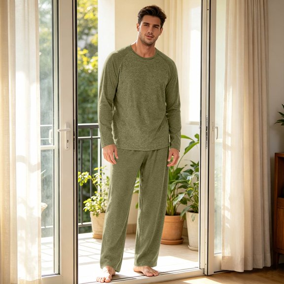 YNGKMEA Mens Pajama Sets Elastic Waist Two Piece Sets Winter Pajamas Matching Sets Cozy Long Sleeve Casual Pjs with Pockets Dark Green 2XL