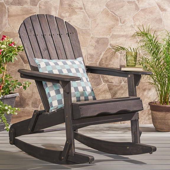 ECOBUY Rocking Chair for Patio, Acacia Wood Dark Grey Slat-Back Adirondack, 30.5 in L x 38.25 in W x 39.5 in H, Outdoor Garden Rocker