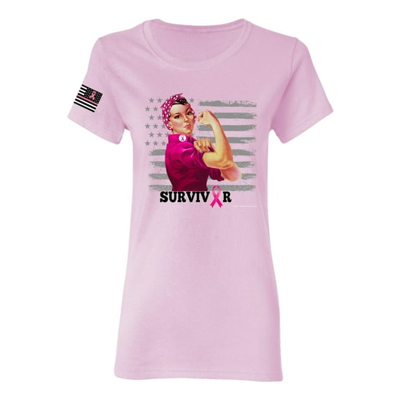 Wild Bobby Breast Cancer Survivor Distressed American Flag USA Flag Sleeve Breast Cancer Awareness Women Graphic Tee, Light Pink, Small