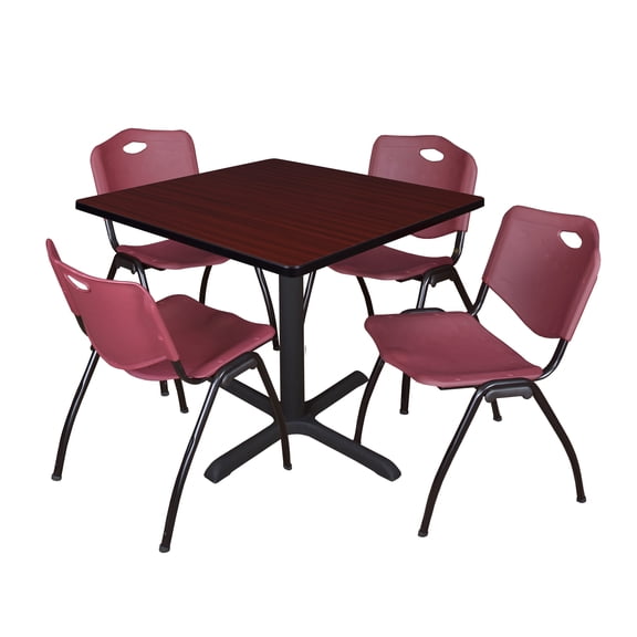 Cain 36" Mahogany Square Breakroom Table and 4 'M' Stack Chairs, Multiple Colors