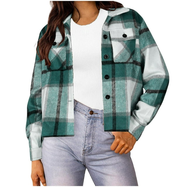 HAiming Veste Courte Oversize pour Femmes à Carreaux Boutonnée Manches Longues Manteau Mode Automne Hauts Décontractés