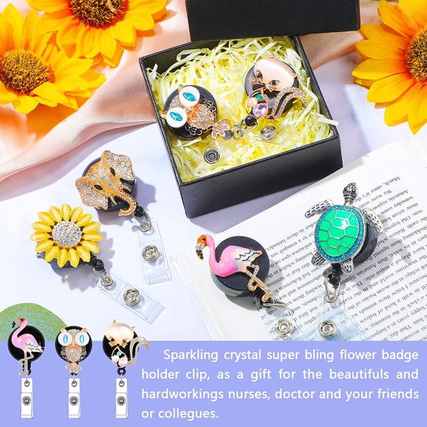 6 Pcs Rhinestone Retractable Nurse ID Badge Reel Holder with Clip Cute Bling Butterfly Bee Sunflower Animals Flower Name Card Badge Reel for Volunteer