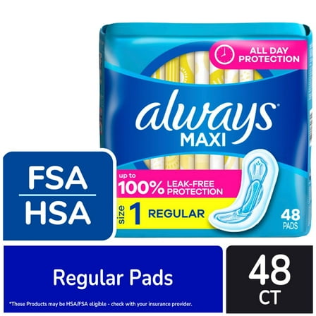 Always Maxi Pads Regular Absorbency Size 1 Unscented, 48 count (Package May Vary)
