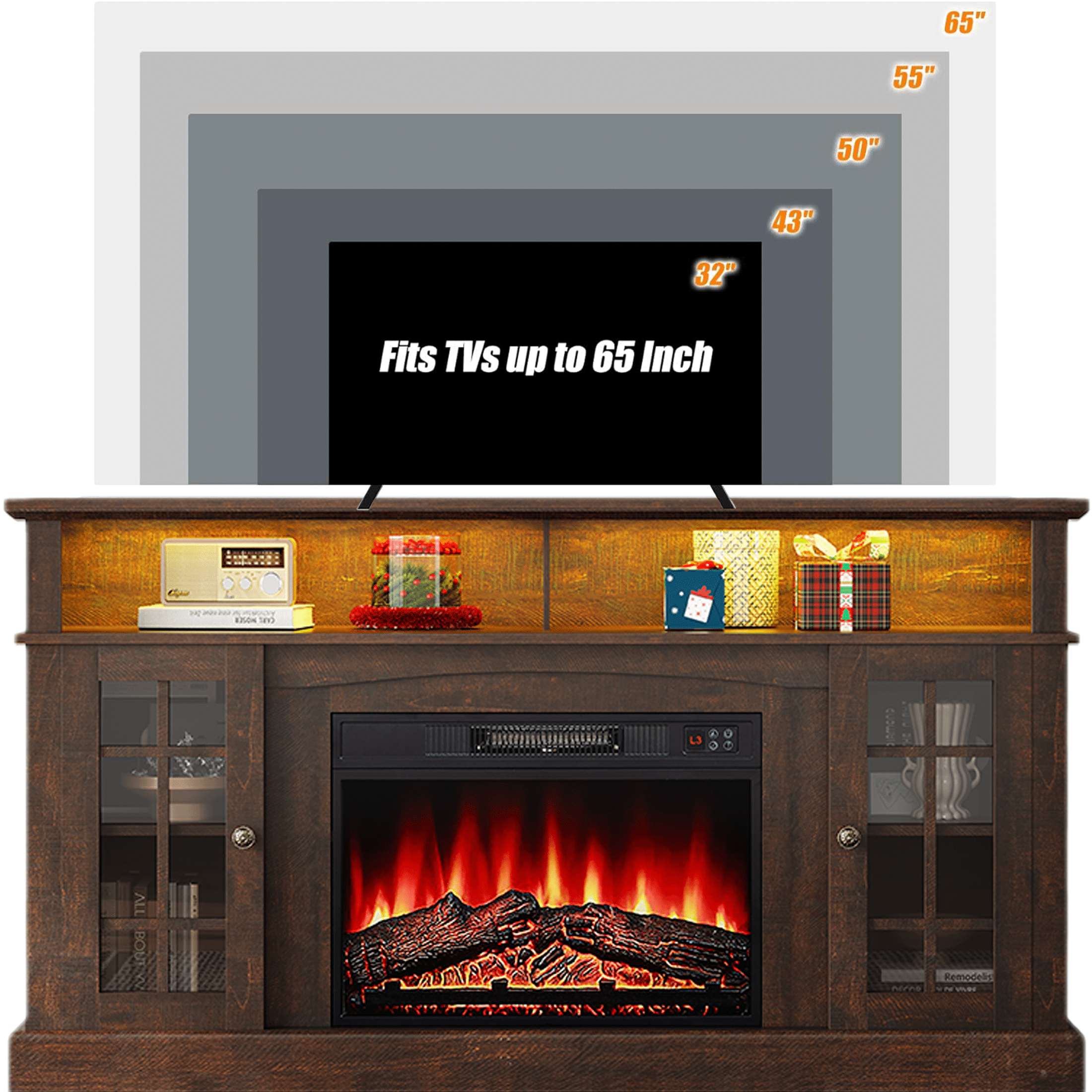 SESSLIFE Fireplace TV Stand for 65 Inch TV, LED TV Console with 23''Electric Fireplace, Entertainment Center Television Table for Living Room or Bedroom, Brown