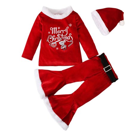 

QWERTYU Toddler Baby Child Children Kids Outfits Christmas Clothing Set T Shirts and Flare Pants Set Long Sleeve with Hat for Girl 1Y-8Y