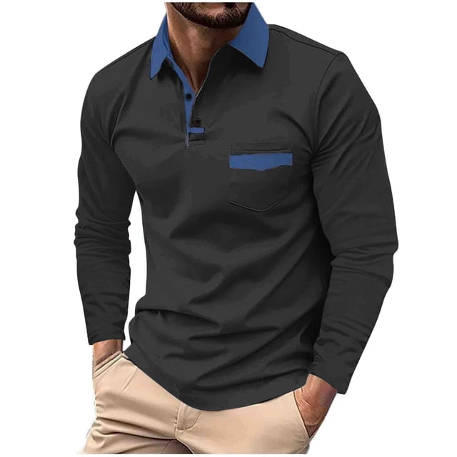 AherBiu Golf Shirts for Men Long Sleeve Lapel Collar Regular Fitted Athletic Shirt Fall Fashion Button Tees Tops