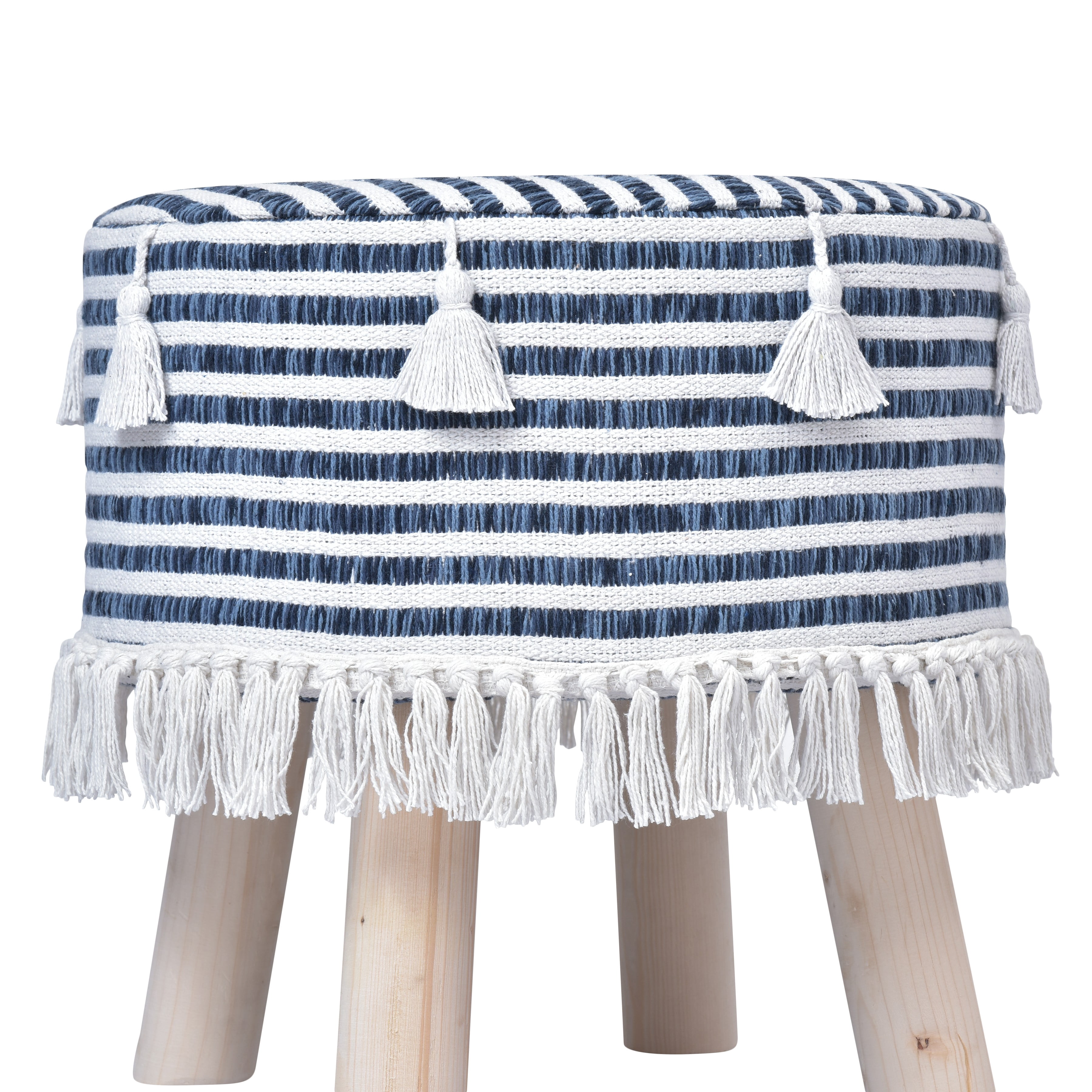 Ox Bay Alder Handmade Blue/White Striped Organic Cotton Stool, 16" x 16"