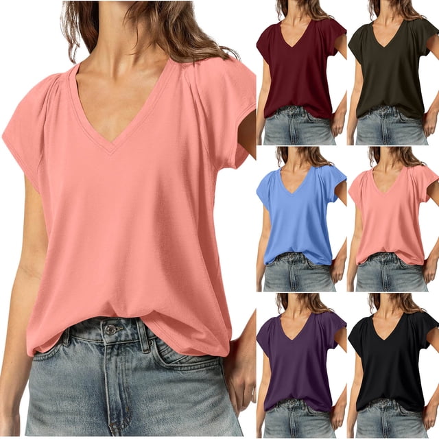 Ropa de estar por casa,Blusa informal de cuello en V para mujer, manga corta, color liso, tejido suave y ligero, diseño con detalle de pliegues, ideal para uso diario, sopatenor