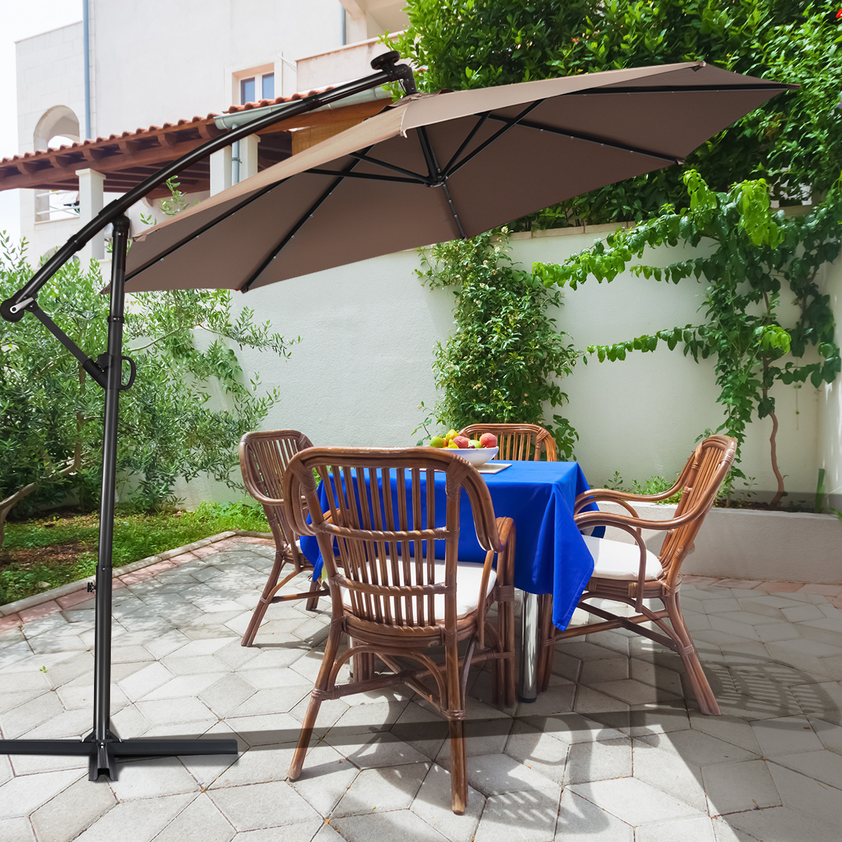 Costway 90" Brown Cantilever Patio Umbrellas, LED Lights
