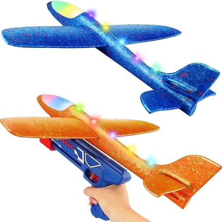 Growsly Catapult Airplanes Launcher Toy, 2 LED Throwing Foam Gliders with Launchers for 4 5 6 7 8 9 10 11 12 Years Old Kids Boys&Girls, Blue and Orange