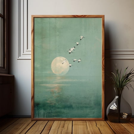 Japanese Crane Wall Art Print Sage Green Moon Wabi Sabi Decor Unframed Paper Print