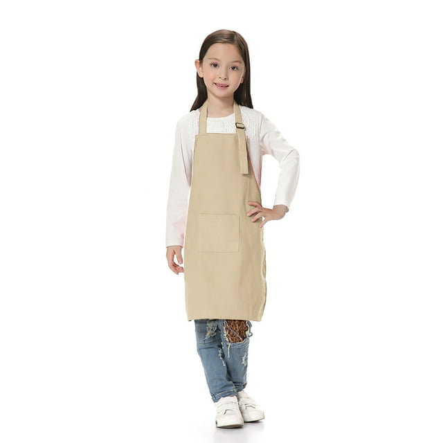 TOPTIE Kids Aprons with Pocket & Adjustable Strap, Child Chef Bib Apron for Kitchen Cooking Baking Painting-Khaki-L