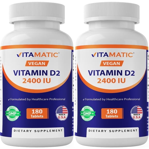 Vitamatic Vitamin D2 60 mcg (2400 IU) - Ergocalciferol - 180 Vegetarian Tablets- 2 Pack