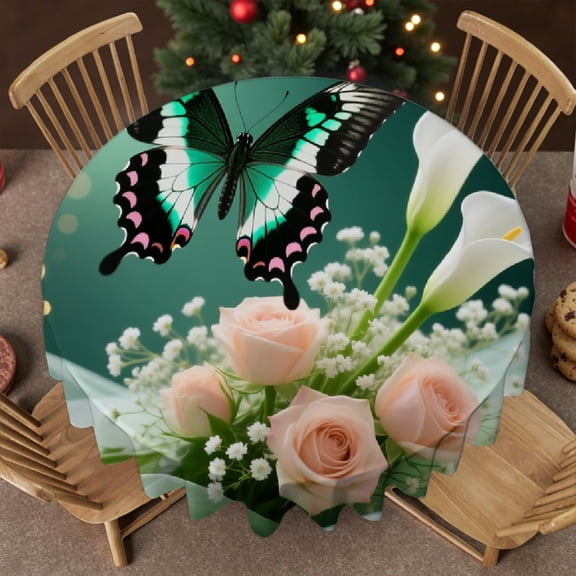 Flower Butterfly White Calla Lily Pink Rose Spring Flowers Bouquet tablecloths for round tables, Machine-Made - Family Round Tablecloth, Cafe, picnic,60x60 Inch