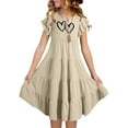 thumbnail image 2 of shoper Girls' Dresses Ruffled Sleeve Crew Neck Heart Print Swing Comfortable Prom Dress Girls Holiday Party Dress Beige 150, 2 of 6