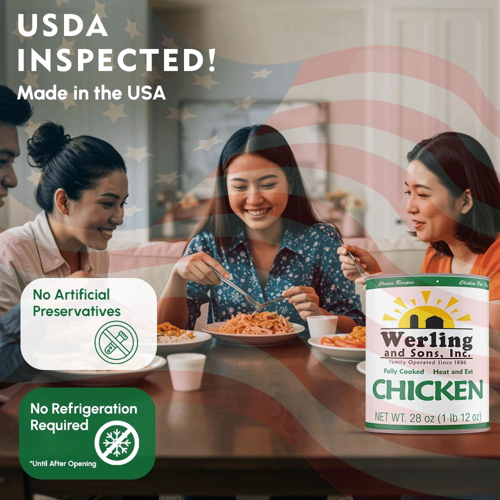 Werling & Sons Canned Chicken 28 Oz, Pack of 12 – Fully Cooked, Ready to Eat, High-Protein Canned Meat with 5-Year Shelf Life – Great for Recipes, Camping, Emergency & Survival – Made in USA
