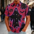 thumbnail image 2 of GrmtClth Men’s Full Print Collar Camp Shirt Short Sleeve Halloween Party Ghost Bat Pumpkin Split Scene Light Vacation Blouse Purple 2XL, 2 of 5