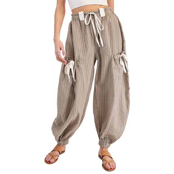 Women's Brown Striped Drawstring Cargo Joggers for Daily Wear [ZhiHiMeRi] | XL