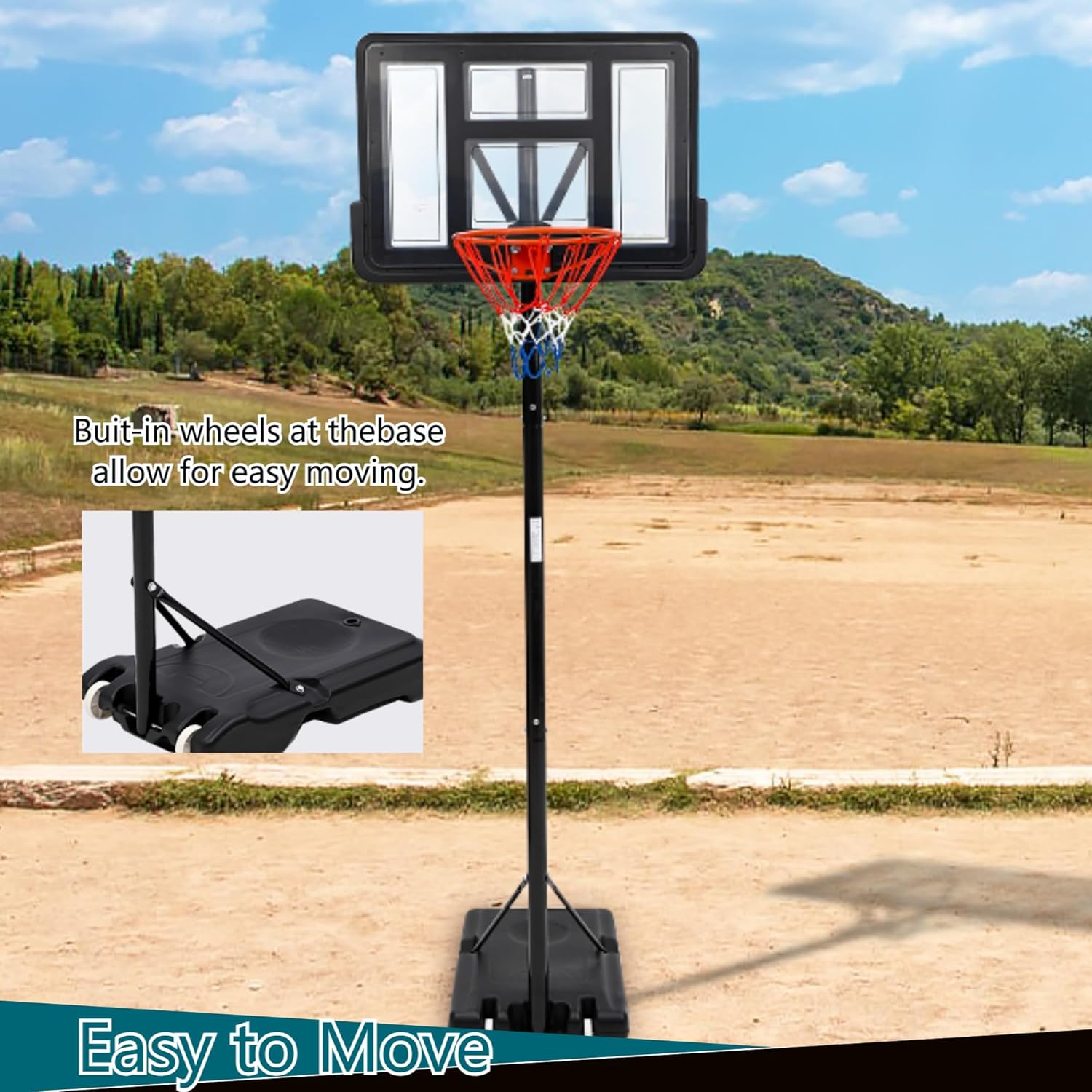 Lumiparty Portable Basketball Hoop Outdoor 5.2-10ft Height, Basketball Hoop Goal System with 2 Wheels, 44 Inch Shatterproof Backboard, Large Stable Base for Backyard