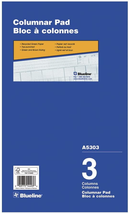 Blueline Columnar Pad, Glued Top Binding, 3 Columns with Description