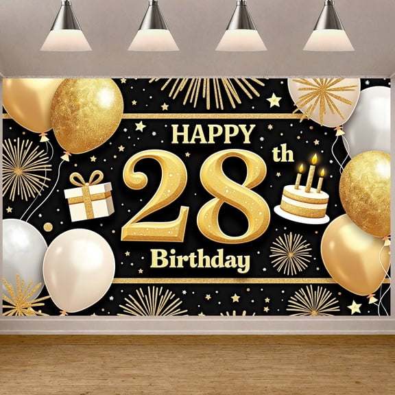 Gold Theme 28th Birthday Banner Black Background Display Glitter Balloons Firework Design Birthday Party Backdrop for 28th Birthday Party Adult Celebration Indoor Decoration