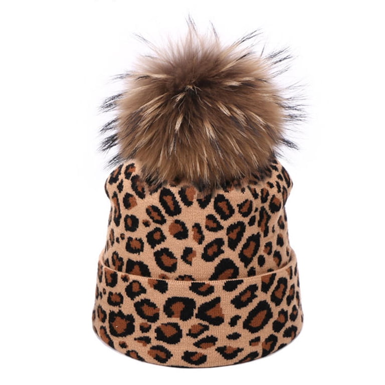 Soft Beanie Hat Leopard Pattern Fur Pom Winter Accessories for Women Amazon.com: XYIYI Soft Cheetah Knit Beanie Hat with Leopard  main image 3