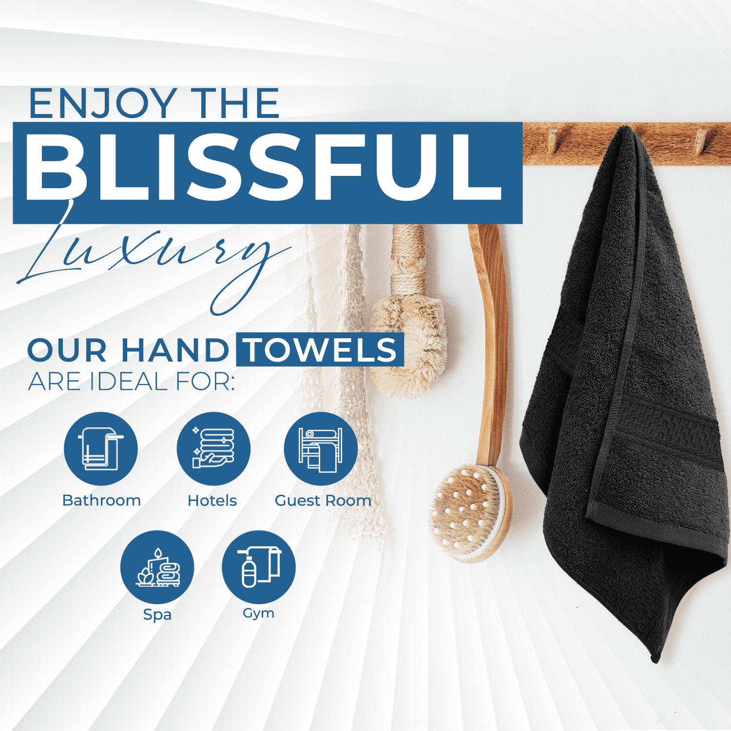 Dan River Hand Towel pack of 6 Quick Dry And Absorbent Cotton Towels for Bathroom - Black 16x28in