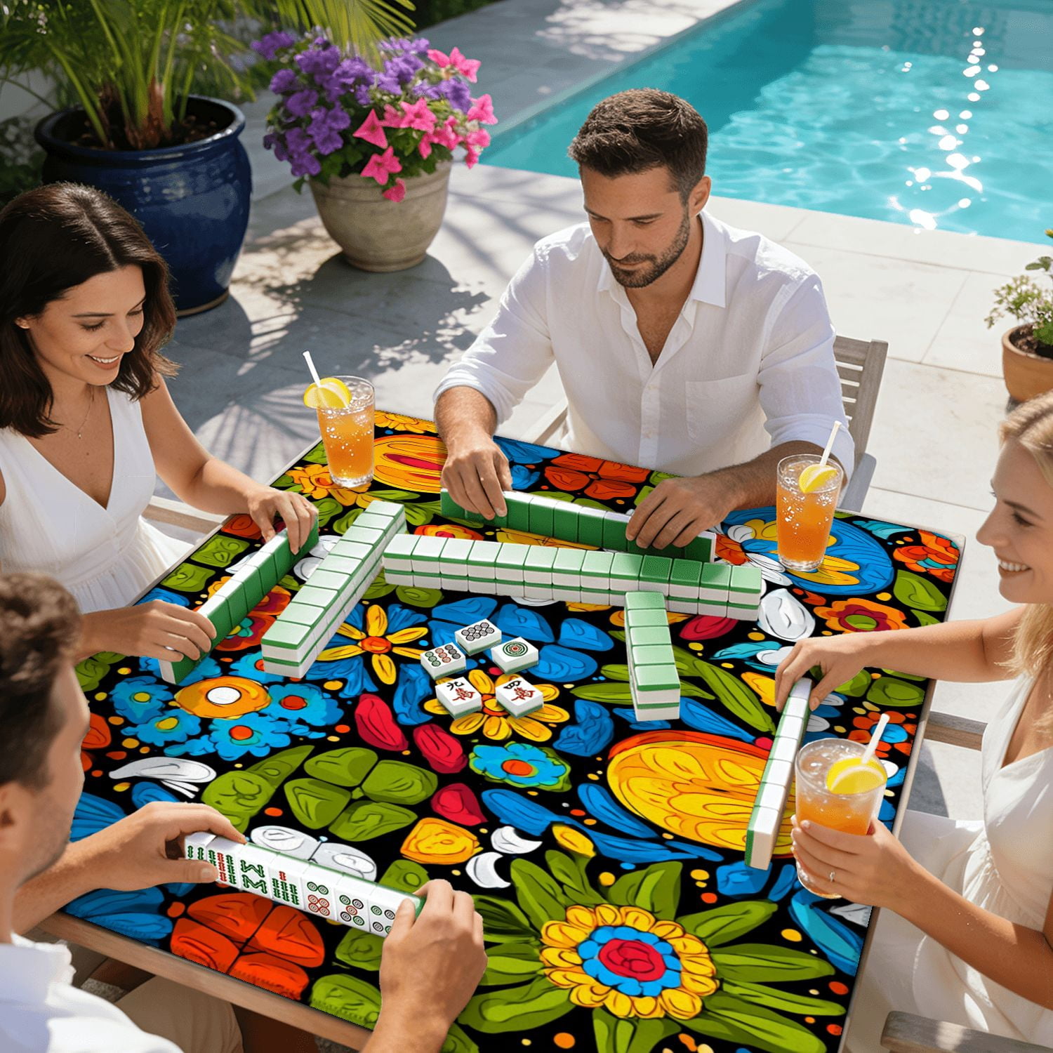 Mahjong Mat 31.5" x 31.5" Mexican talavera seamless Non-Slip Noise Reduction American Mahjong Tiles Table Cover for Dominoes Poker Card Board Games Gift