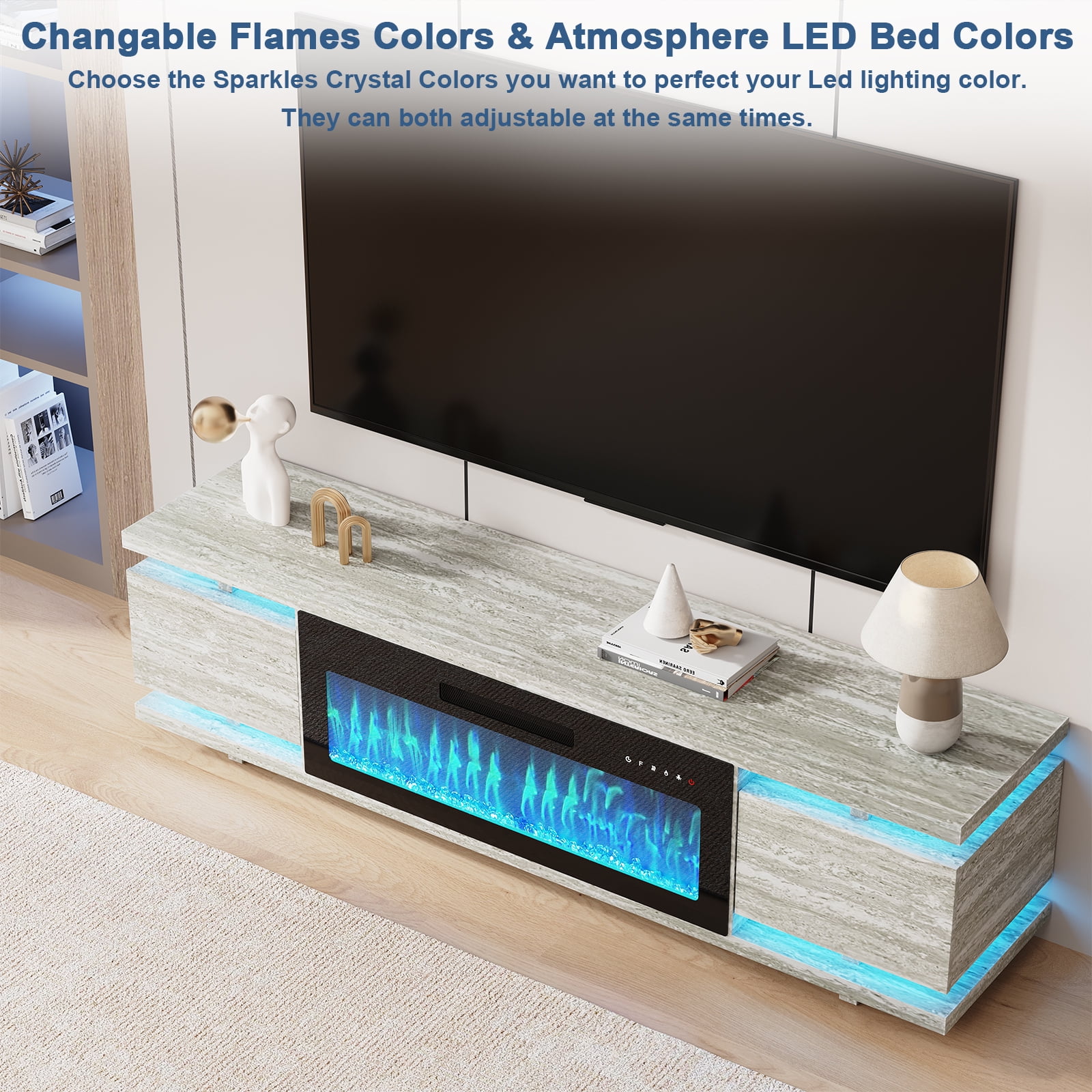 Redayfur 69" TV Stands with Electric Fireplace for TVs up to 80",Remote Control and LED Lights,Travertine