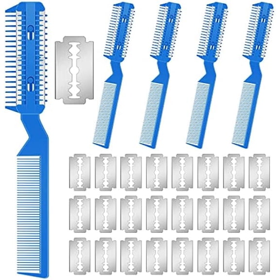 Saluqifa 5 Pieces Razor Comb for Dogs Hair Grooming Trimmer for Pet Razor Comb with 25 Extra Blades Manual Dog Hair Trimmer Double Edge for Cats Hair Cutting Tool(Blue)