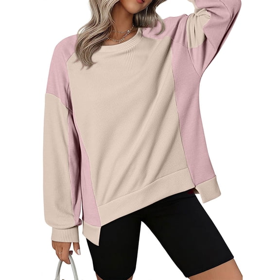 UYISJ Oversized Sweatshirt for Women Waffle Knit Color Block Crewneck Long Sleeve Casual High Low Pullover Sweatshirts Tops Beige XXL