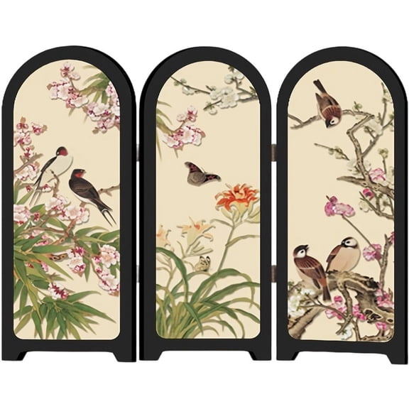 Jiibva Mini Folding Screen, 3 Panel Divider, Chinese Style Vintage Desktop Folding Screen Feng Shui Ornaments for Home Office New Year Decoration