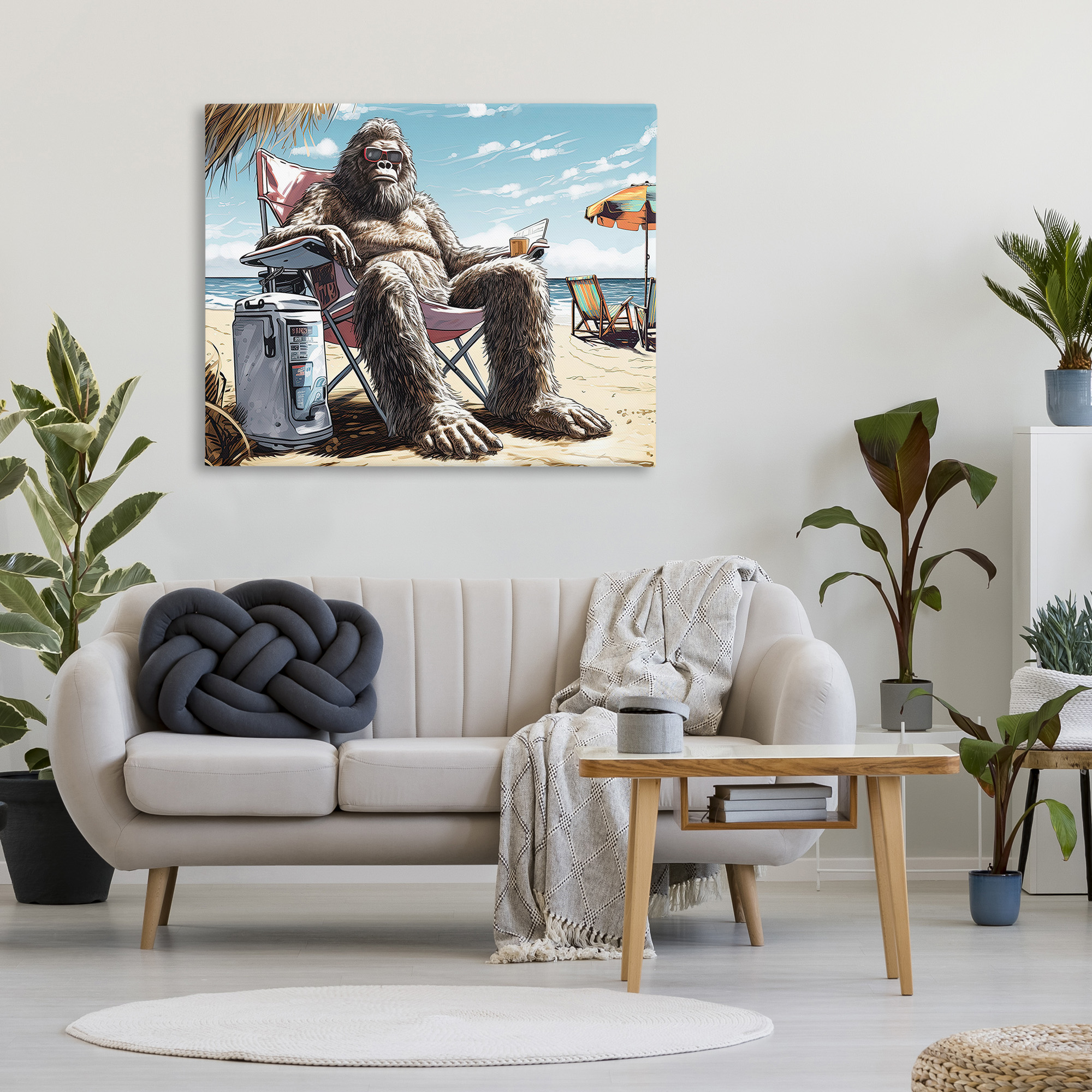 Stupell Industries Hairy Monster on Beach Fairy Tales & Fantasy Painting Gallery Wrapped Canvas Art Print Wall Art, 48 x 36
