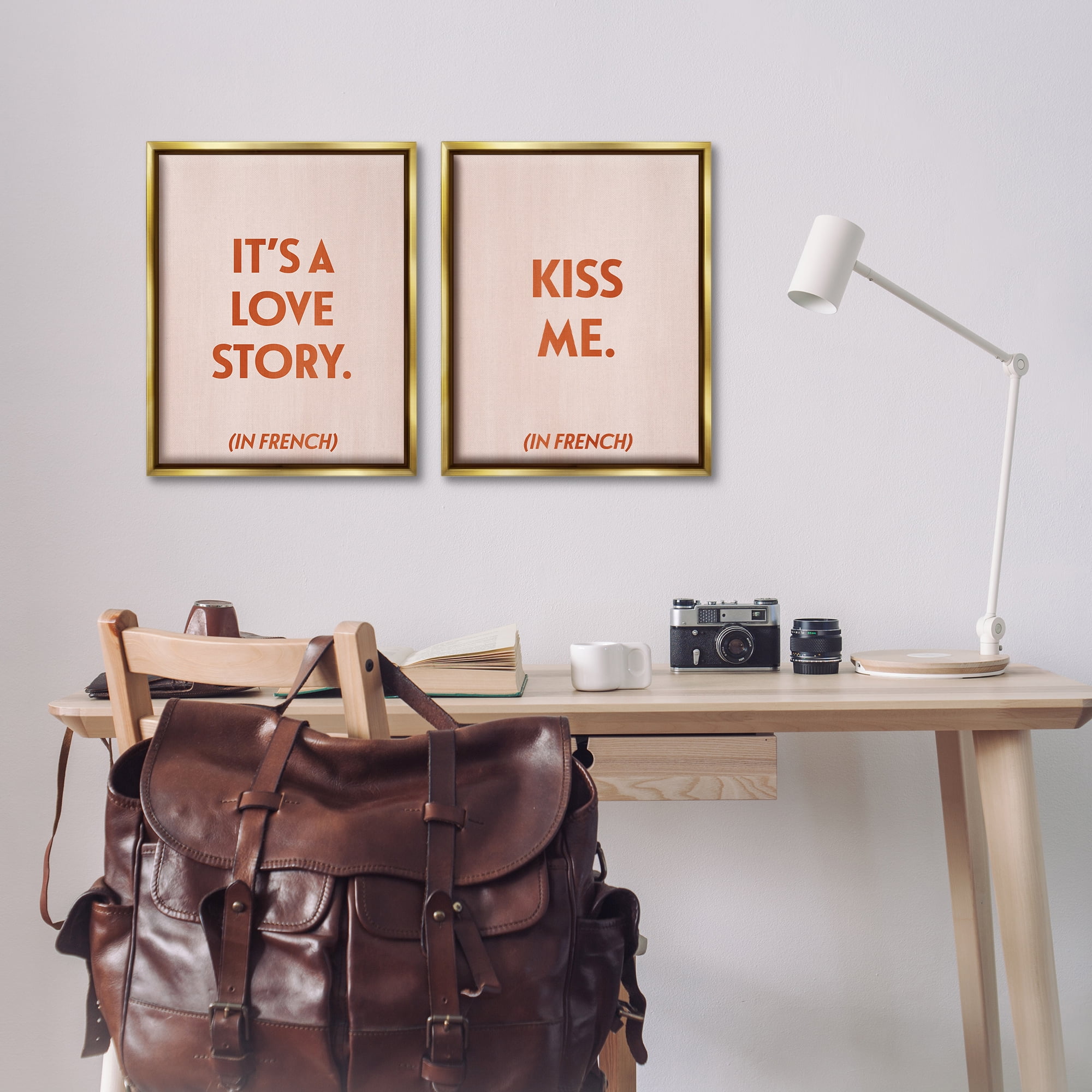 Stupell Industries Modern Love Story Kiss Text & Numbers Painting Gold Floater Framed Canvas Art Print Wall Art, 17 x 21, Set of 2