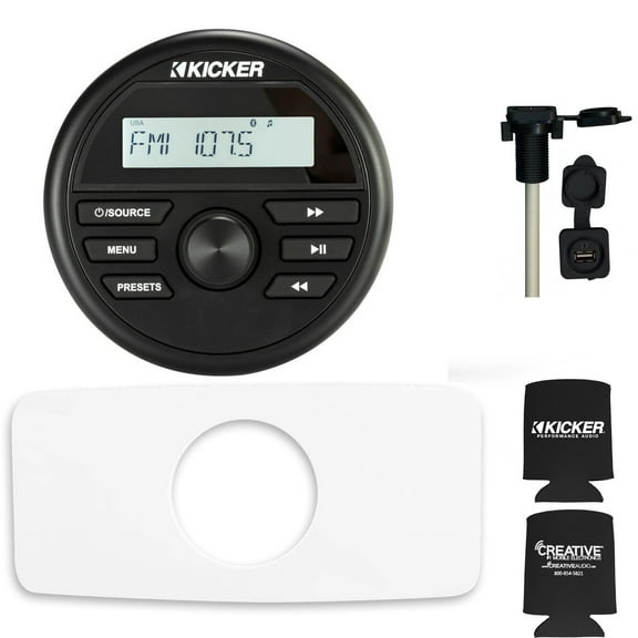 Kicker 46KMC2 Waterproof Radio With Stinger SEADASH3W Universal Marine 3" Radio Dash Kit - White, And SMRAUXUSB3 Usb/Aux