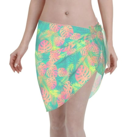 Disketp Colorful Palm Leaves Women Swimsuit Cover Up Short Chiffon Summer Beach Sarong Bikini Wrap Skirt Bathing Suit