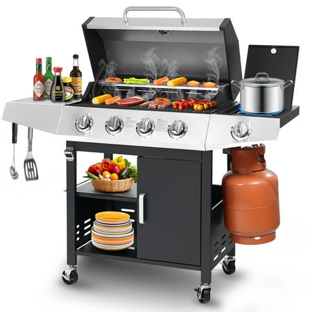 Seizeen 4-Burner Portable Gas Grill w/Side Burner, Stainless Steel Propane Grill 50,000BTU, Outdoor Patio Camping Barbecue Grill with 4 wheels, Electronic Ignition, Multifunctional Storage Cabinet