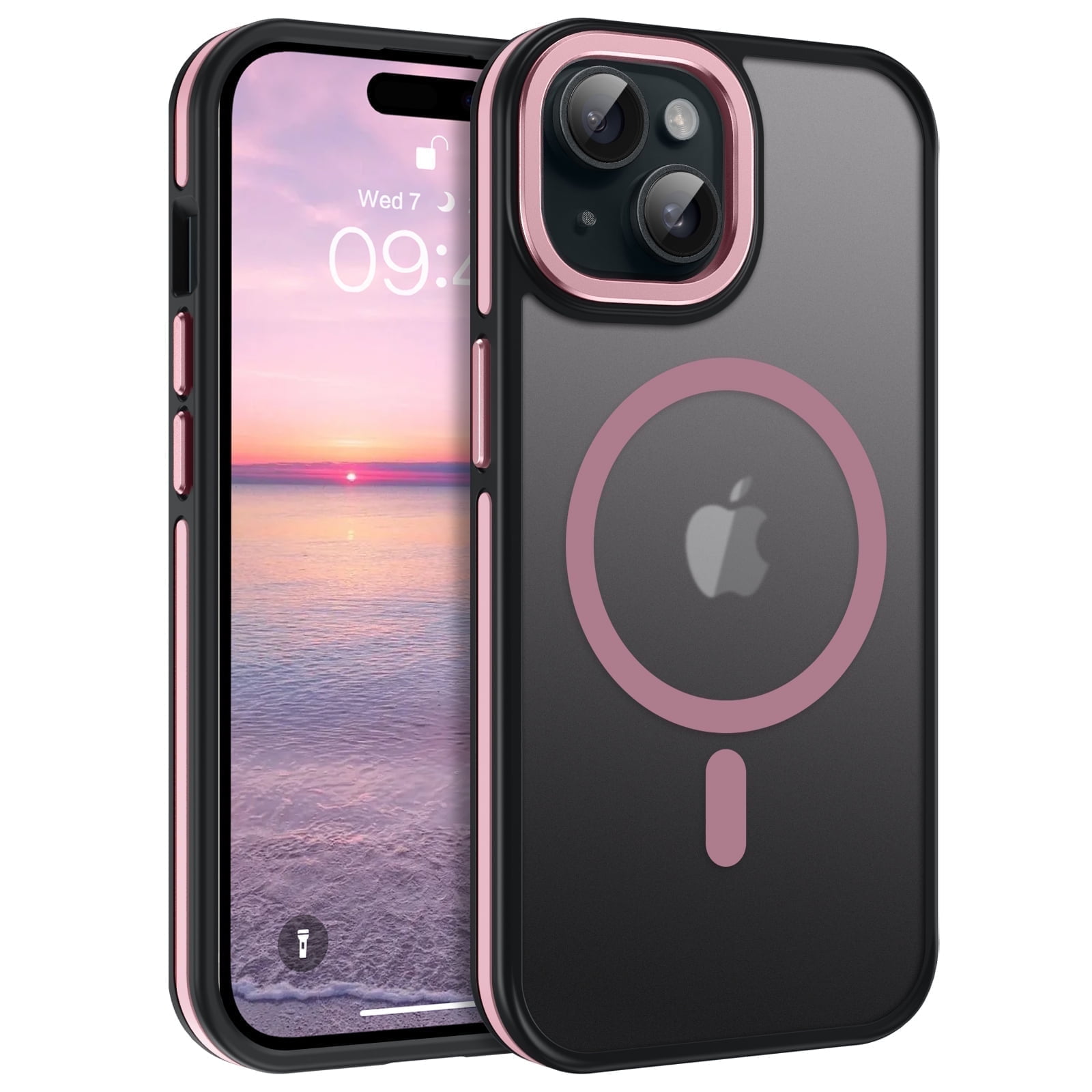 VENINGO Magnetic for iPhone 15 Case, Compatible with Mag-safe, Drop Protection, 6.1" Metal Camera Frame Translucent Slim Protective Cover for Women Girls, Pink