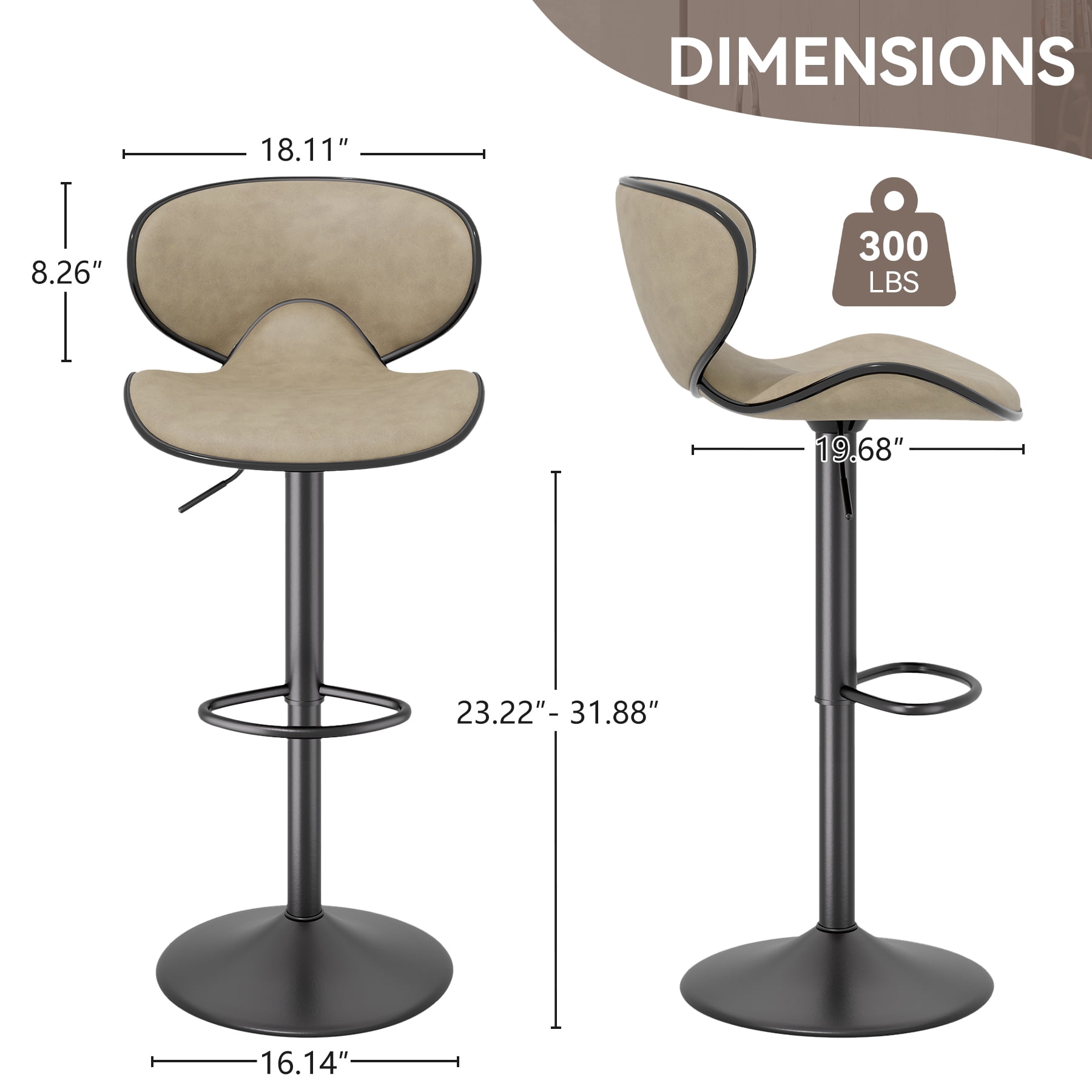 Hawsaiy Adjustable Swivel Bar Stools Set of 2 with Back and Footrest, Faux Leather Counter Height Kitchen Stools, Modern Bar Chairs for Island and Home Bar, Khaki