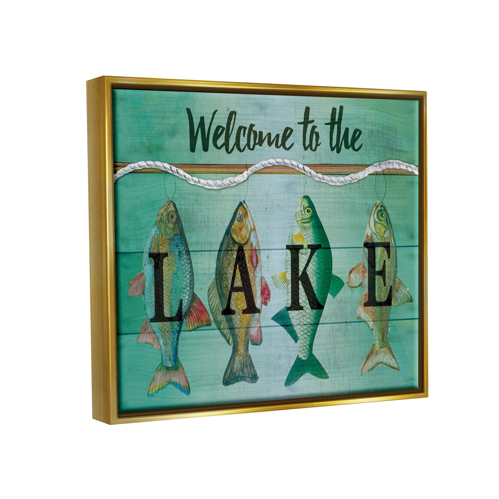 Stupell Industries Welcome To The Lake Fishing Rope Coastal Painting Gold Floater Framed Art Print Wall Art