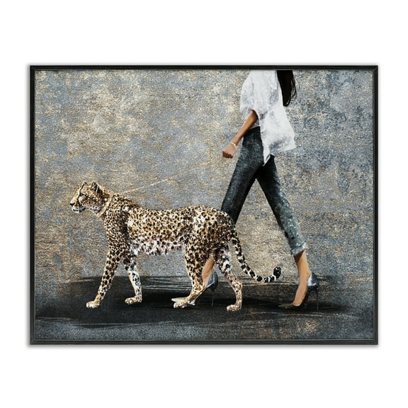 Stupell Industries Trendy Woman with Leopard People Painting Black Framed Art Print Wall Art, 14 x 11